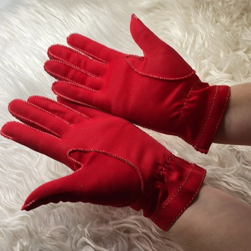 LEATHER SPUN NYLON GLOVES, red short 1950, VINTAGE, Size 6.5